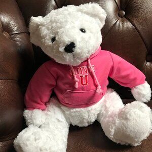Tom's Toy International LTD 18 " tall white bear with pink sweatshirt.